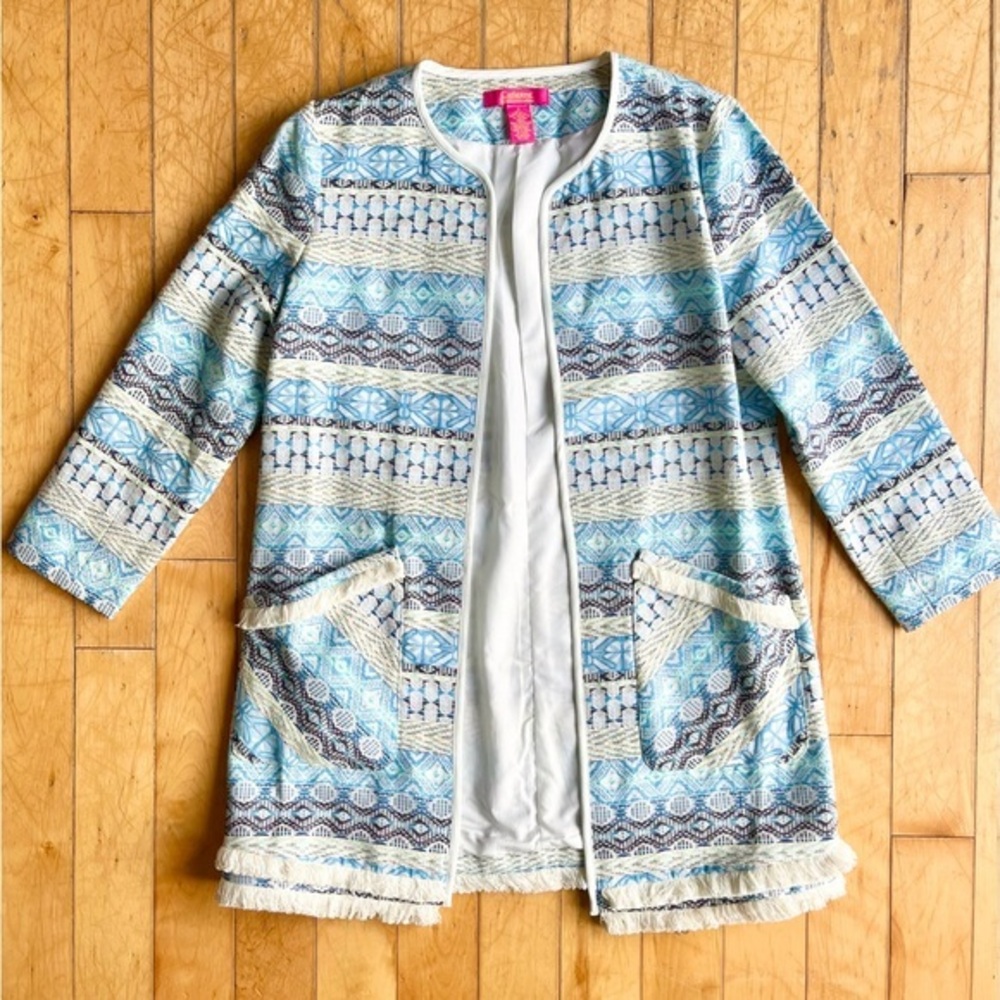 Catherine Malandrino Woven Fringe Boho Blue Geometric Vest Jacket Size Large